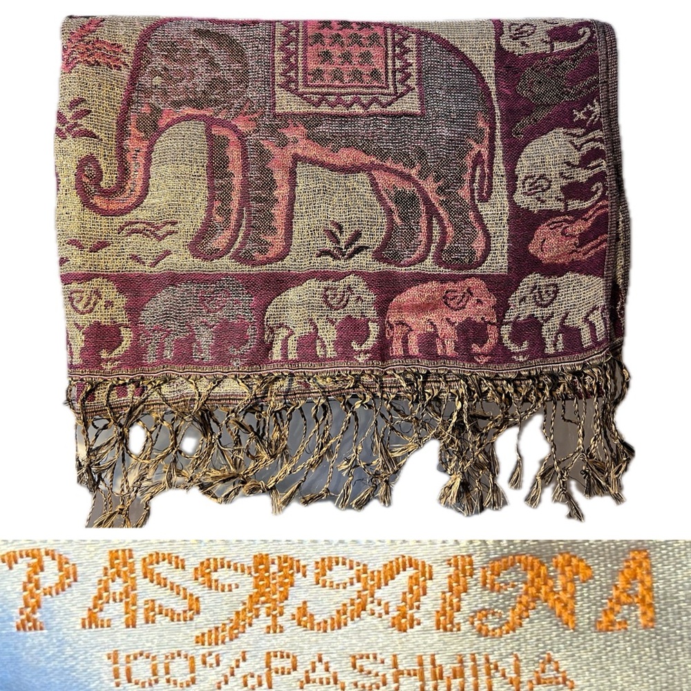 🐘 🐫 Elephants & Camels Reversible Metallic Maroon Gold Black 100% Pashmina 🧣